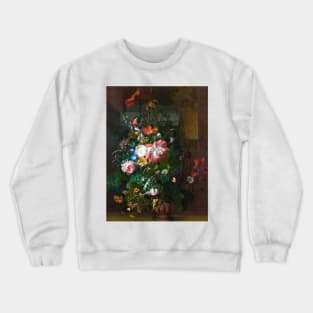 Roses, Convolvulus, Poppies, and Other Flowers in an Urn on a Stone Ledge by Rachel Ruysch (digitally enhanced) Crewneck Sweatshirt